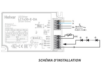 ALIMENTATION POUR LED INTEGREE DALI / Bouton Poussoir 30W DIMMABLE DALI LED DRIVER 30W 220-240V 0/50-60HZ 350 mA/500 mA/700 mA
