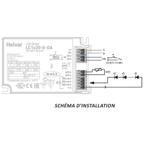 ALIMENTATION POUR LED INTEGREE DALI / Bouton Poussoir 30W DIMMABLE DALI LED DRIVER 30W 220-240V 0/50-60HZ 350 mA/500 mA/700 mA